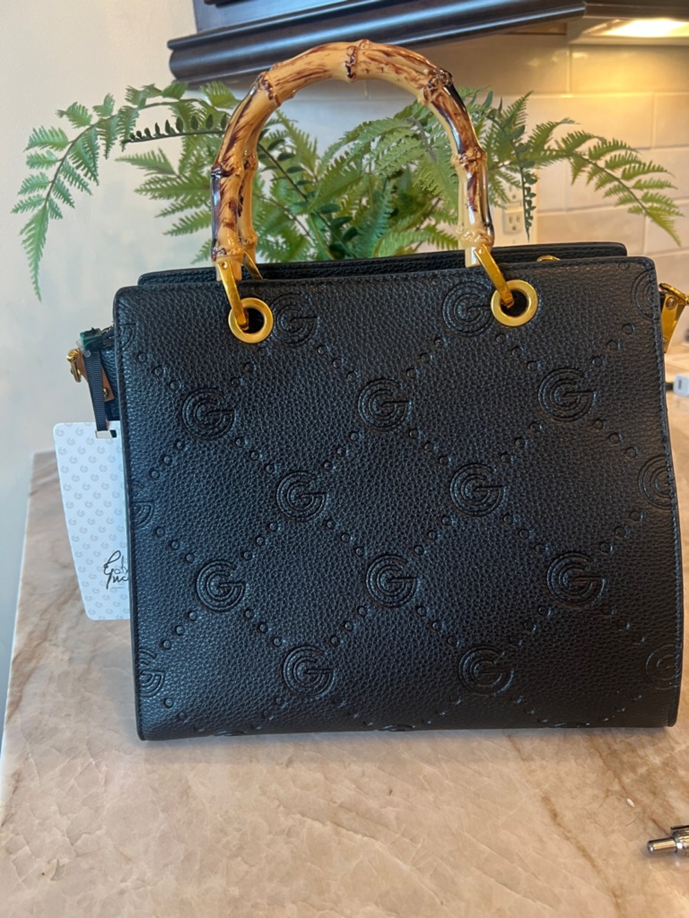 Black Embossed Satchel with Bamboo-Style Handles